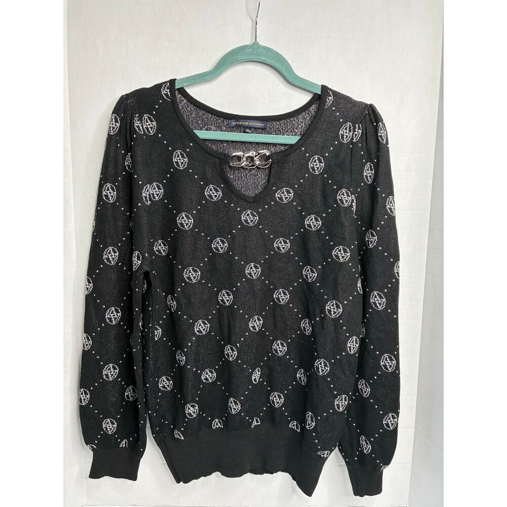Adrienne Vittadini Black Gray Metallic Silver Sweater Top Large